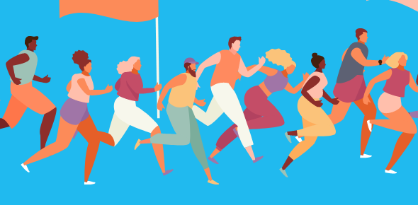 An illustration of a line of people running together